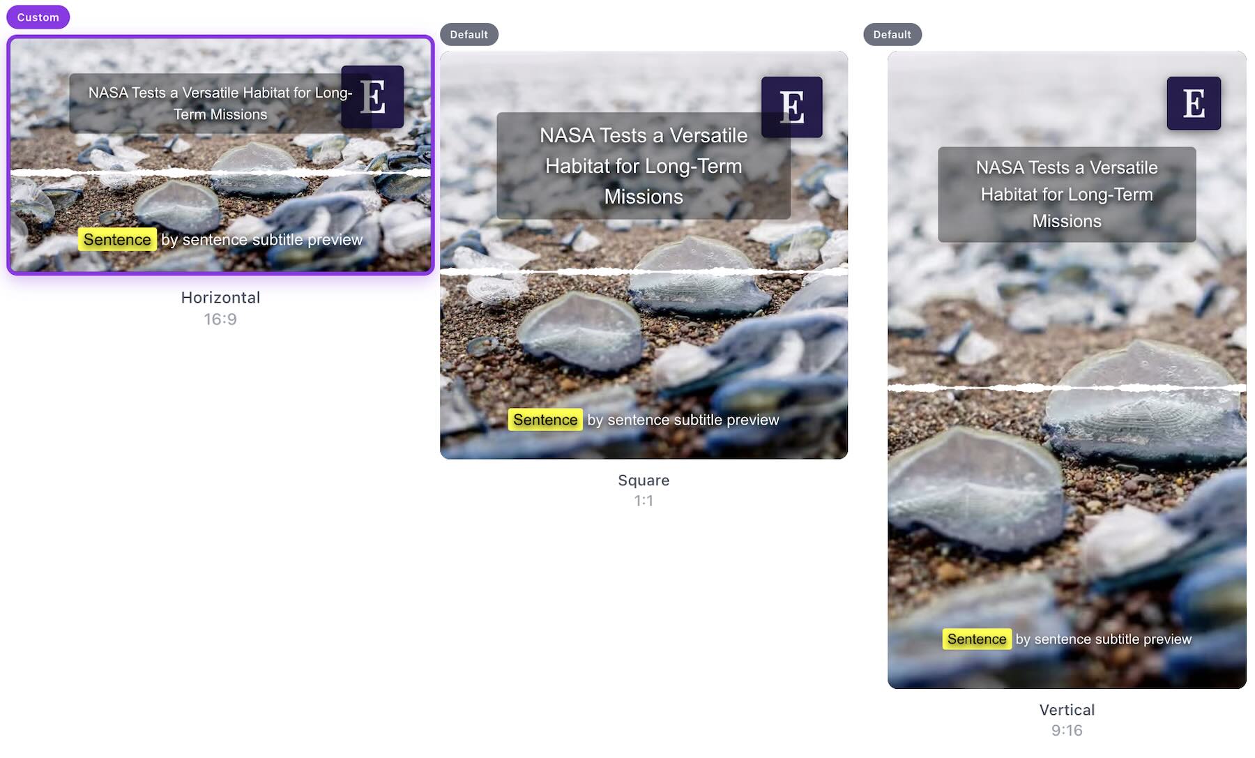 Social video formats: horizontal 16:9, square 1:1, and vertical 9:16